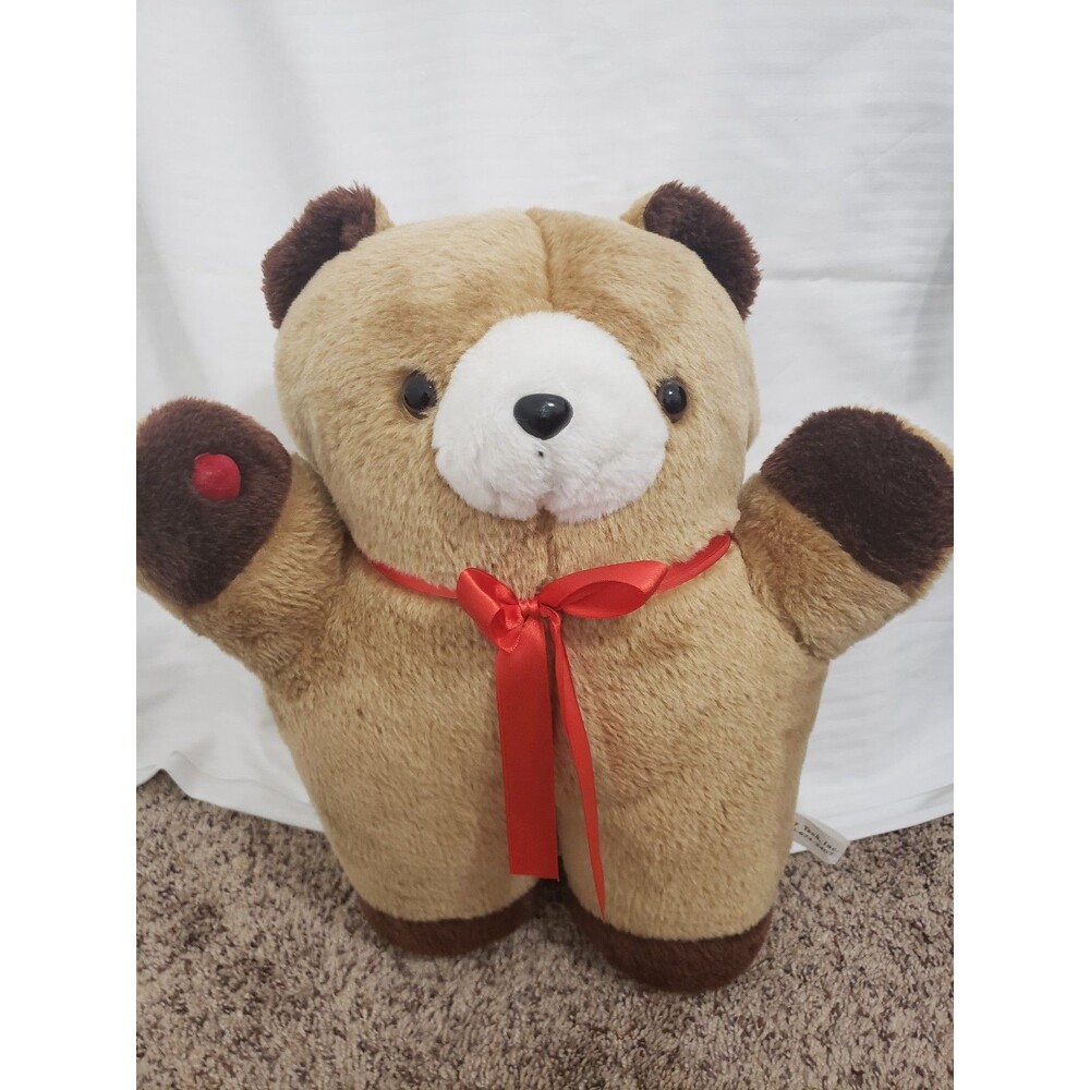 Vintage Brown Teddy Bear Plush Toy with Red Ribbon Bow